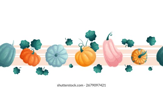 Borde sin fisuras con calabazas de colores sobre un fondo blanco. El concepto de otoño y cosecha. Ilustración vectorial para el diseño de postales, anuncios, Anuncios, carteles.