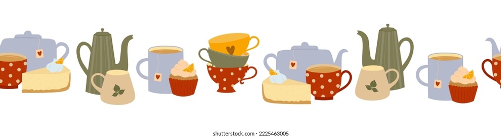 Seamless border of colorful teapots, cups and desserts. Kitchen utensil background. Vector illustration