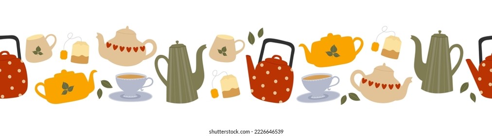 Seamless border of colorful teapots, cups and tea bags. Kitchen utensil background. Vector illustration