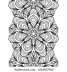 Seamless border for coloring book. Floral mandala ornament for antistress adult drawing. Suitable for laser cutting.