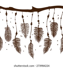 Seamless border with contour feathers. Vector EPS 10