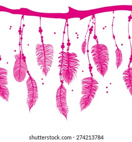 Seamless border with contour group pink feathers and bead on branch. Vector EPS 10