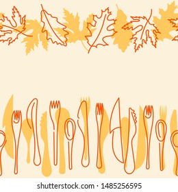 Seamless border. Cooking, autumn menu . Contour Cutlery and autumn leaves Kitchen utensils. Vector illustration