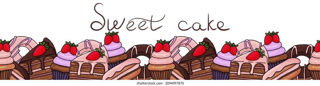 Borde de pastelitos, rebanadas de pasteles, donuts y pasteles de macarrones. Ilustración vectorial jugosa en el estilo de dibujo manual y garabato