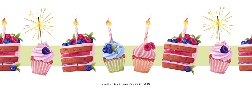 Borde de pastelitos, trozo de tarta, decorado con crema y bayas. Cinta para decoración, diseño, tarjetas