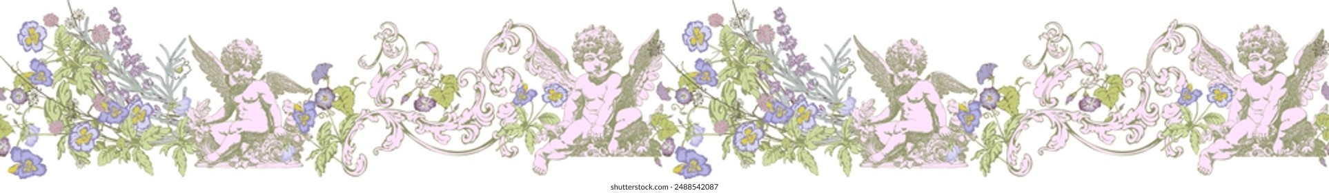 Seamless border. Cupids and flowers. Vintage style.