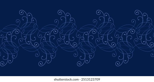 Seamless border of curved lines. Gradient blue curls on dark blue background. Ornate complex ornament. Winter frost pattern on the window. Classic monochrome blue design for wallpaper, textile, etc.