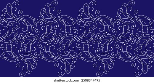 Seamless border of curved lines. White curls on blue background. Ornate complex ornament.. Frost pattern on the window. Classic vintage design. Monochrome dark blue decor for clothes, home, etc.