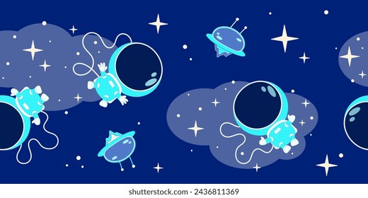 Seamless border of cute astronauts flying in deep space with alien spaceships. Cartoon vector illustration on blue background with stars and nebulae.