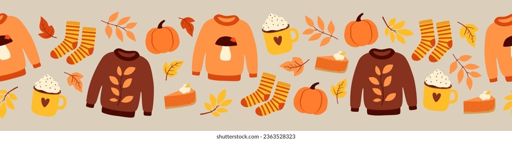 Seamless border with cute autumn elements. Colorful objects on grey background. Cartoon flat style. Vector illustration