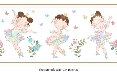 Seamless border with cute ballerinas girls. Vector.