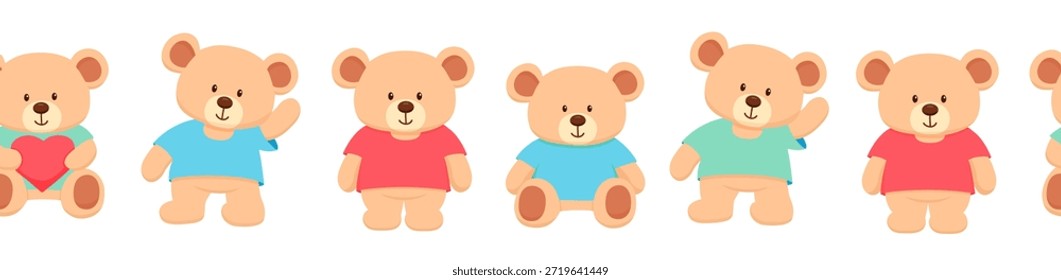 Borda sem costura com urso de pelúcia bonito. Padrão infinito infantil isolado no fundo branco