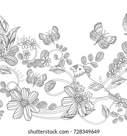 seamless border with cute bird on swirl floral twig for your coloring book