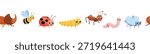 Seamless border with cute bugs. Childish endless pattern isolated on white background