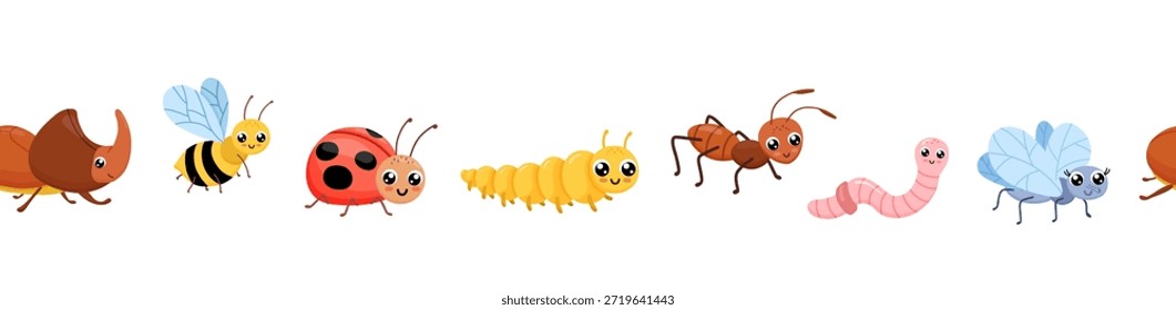 Seamless border with cute bugs. Childish endless pattern isolated on white background