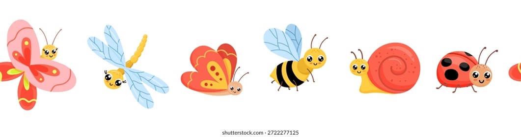 Borde sin fisuras con lindos bichos. Patrón sin fin infantil aislado en el fondo blanco, mariquita, mariposa, libélula