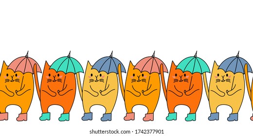 Seamless border with Cute cat with umbrella and boots on white background . Pets.