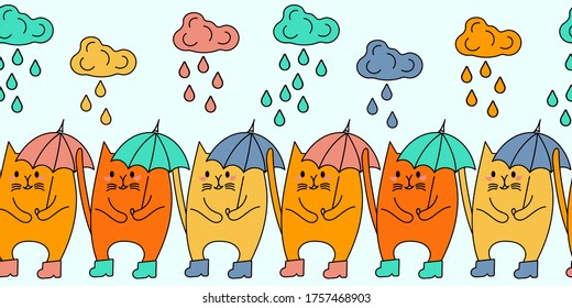 Seamless border with Cute cat with umbrella, boots and rain clouds . Pets. Vector illustration