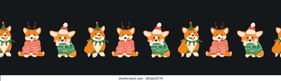 Seamless border with cute Christmas corgi in ugly sweaters, Santa hat and deers antlers. Happy dogs for Christmas party.