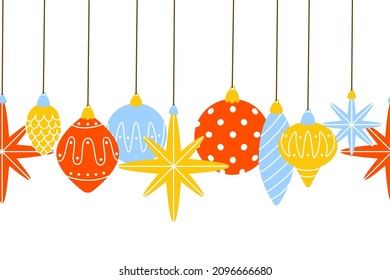 Seamless border with cute Christmas tree decorations