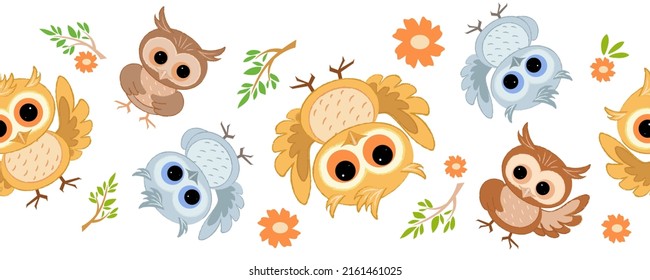 Seamless border with cute colored owls for various children's decorations.