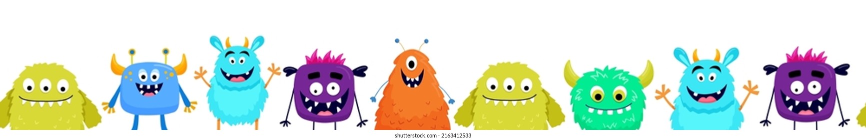 Seamless border with cute colorful monsters. Funny cool cartoon fluffy monster, aliens for childish cards and books. Vector endless border on white background.