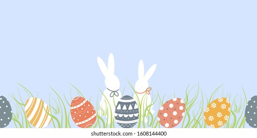 Seamless border of cute decorated Easter eggs and couple of funny bunnies in grass on blue background. Symbols of religious holiday covered with patterns - dots, flowers, stripes.Holiday vector 