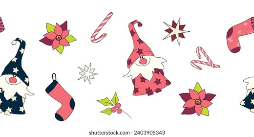 Seamless border of cute dwarfs, lollipops, stars, flowers and Christmas stockings. Cartoon vector illustration.