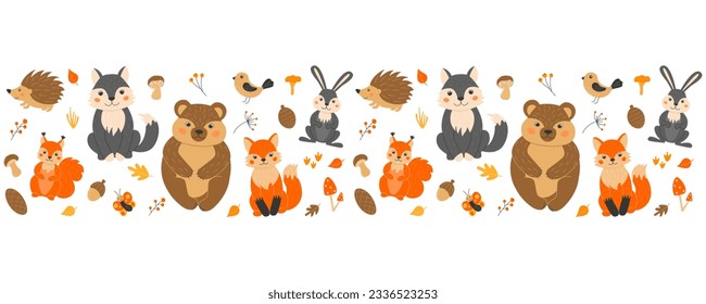 Seamless border of cute forest animals and plants. A red fox and a squirrel, a funny bunny, a bear, a gray wolf, a prickly hedgehog. Mushrooms, twigs, acorn, autumn leaves.