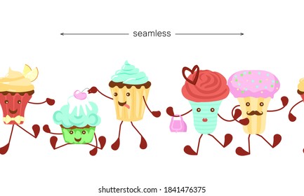 Seamless border with cute funny cupcake characters isolated on white background. Beautiful simple cartoon design. Flat Art Vector Illustration