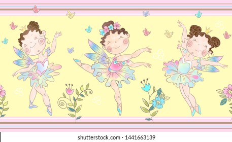 Seamless border with cute little magical fairies. Vector.