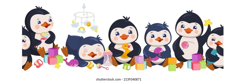 Seamless border with cute little penguins in different poses with cubes, rattle, fluffy pacifier, bottles, rubber duck and cute kitten.