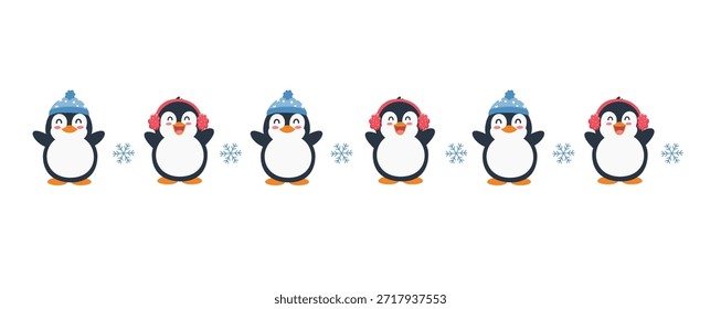Seamless border of cute penguins cartoon with accessories Cartoon character for winter season theme
