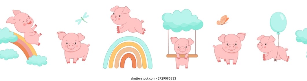 Nahtlose Grenze mit niedlichen Schwein. Kinderloses Muster einzeln auf weißem Hintergrund