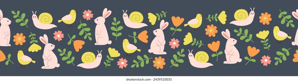 Seamless border of cute rabbits, birds, snails and flowers on dark grey background. Template for postcard, card, print. Vector illustration