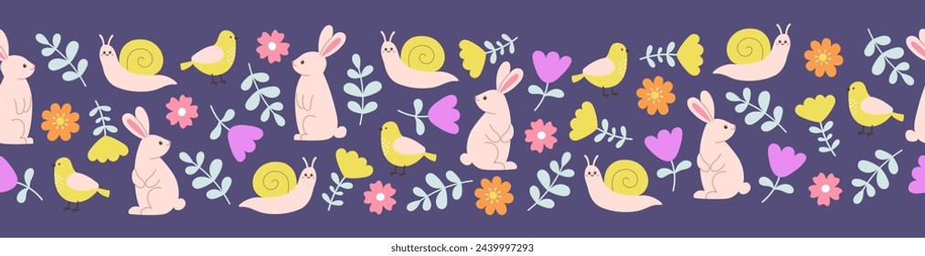Seamless border of cute rabbits, birds, snails and flowers on blue background. Template for postcard, card, print. Vector illustration