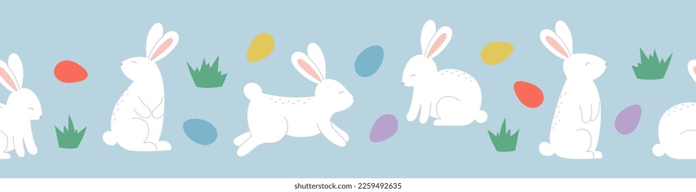 Borde sin foco con lindos conejos y huevos sobre fondo azul. Plantilla para decoración de Semana Santa, invitación, tarjetas. Ilustración del vector