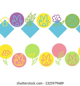 Seamless Border. Cute rabbits, flowers, circles, diamonds. Design for children's clothing, ribbons, postcards. Vector.