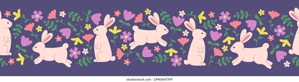 Seamless border of cute rabbits and flowers on dark blue background. Template for postcard, card, print. Vector illustration