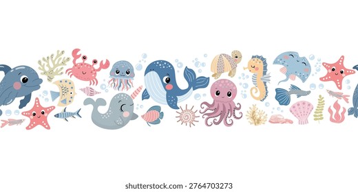 seamless border with cute sea animals . Ideal for packaging design, textiles, tableware, clothing, wallpaper. IIllustration on isolated background