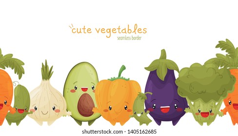 Seamless border of cute vegetables. Fun character in cartoon style