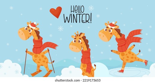 Seamless border with cute winter giraffes skating and skiing on blue background with snowflakes and inscription Hello winter. Vector illustration. Horizontal template for design cards, banners, decor