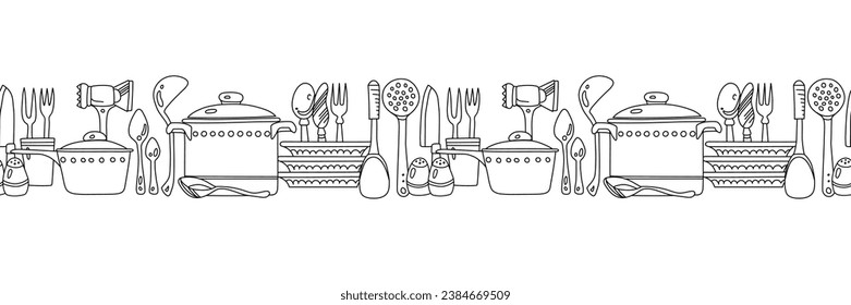 Seamless border with cutlery and cooking pans. Vector illustration on transparent background