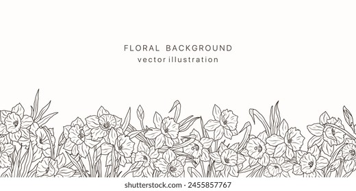 Seamless border daffodil flower line art background. Floral narcissus plant leaf frame design card. Summer vintage bouquet luxury pattern. Vector illustration nature spring wedging card