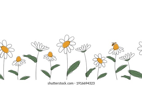 Seamless border of daisies hand drawn in simplified children cartoon naive style on white background.Cute bee sitting on flower.For design of website or shop for spring or summer.Vector illustration