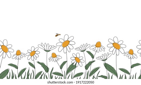 Seamless border of daisies hand drawn in simplified children cartoon naive style on white background.Cute bee sitting on flower.For design of website or shop for spring or summer.Vector illustration