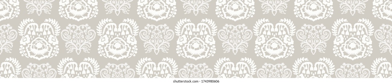 
Seamless border damask pattern. Neutral cream flower blooms banner background. Elegant minimal off white beige linen texture.  Stylish ribbon trim
