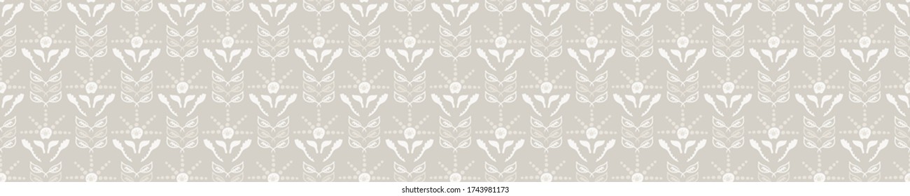 
Seamless border damask pattern. Neutral cream flower blooms banner background. Elegant minimal off white beige linen texture.  Stylish ribbon trim
