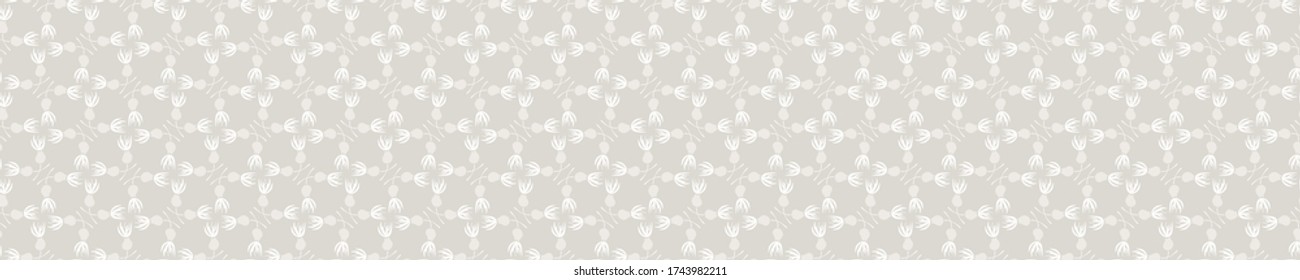 
Seamless border damask pattern. Neutral cream flower blooms banner background. Elegant minimal off white beige linen texture.  Stylish ribbon trim
