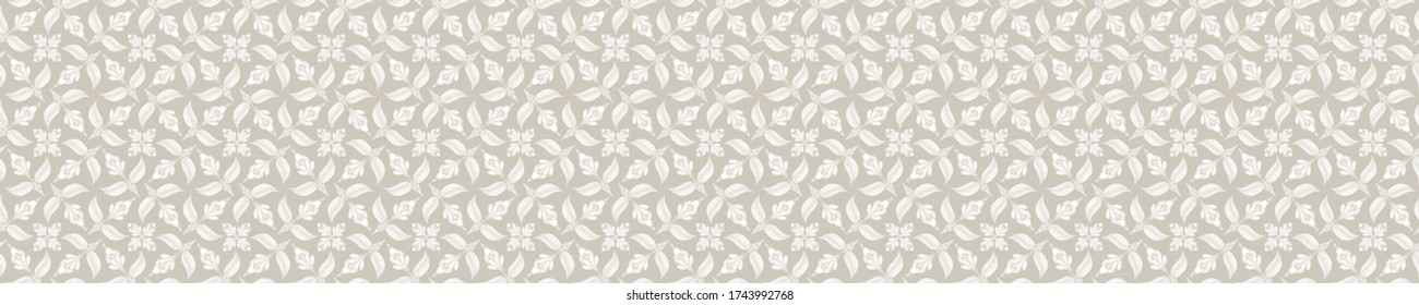 
Seamless border damask pattern. Neutral cream flower blooms banner background. Elegant minimal off white beige linen texture.  Stylish ribbon trim
